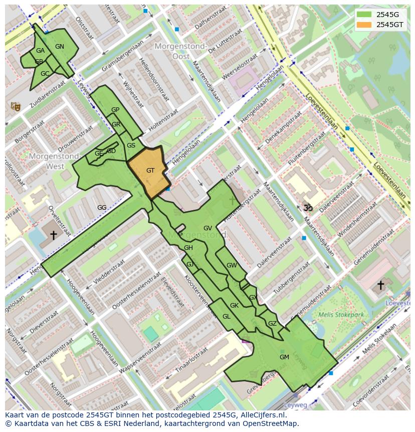 Afbeelding van het postcodegebied 2545 GT op de kaart.
