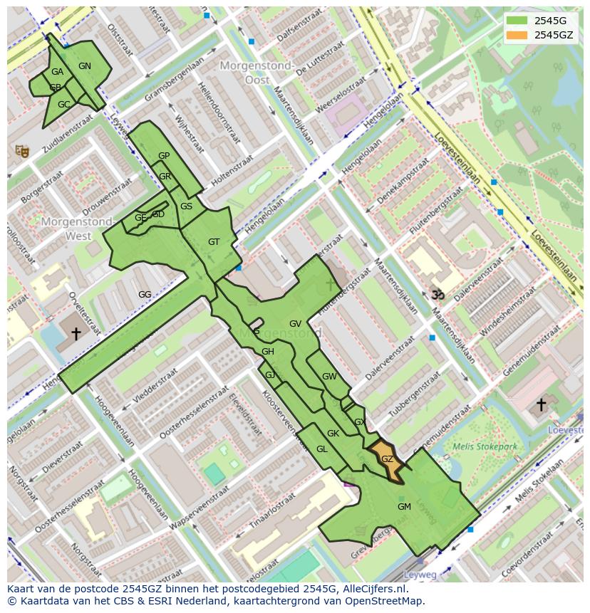 Afbeelding van het postcodegebied 2545 GZ op de kaart.