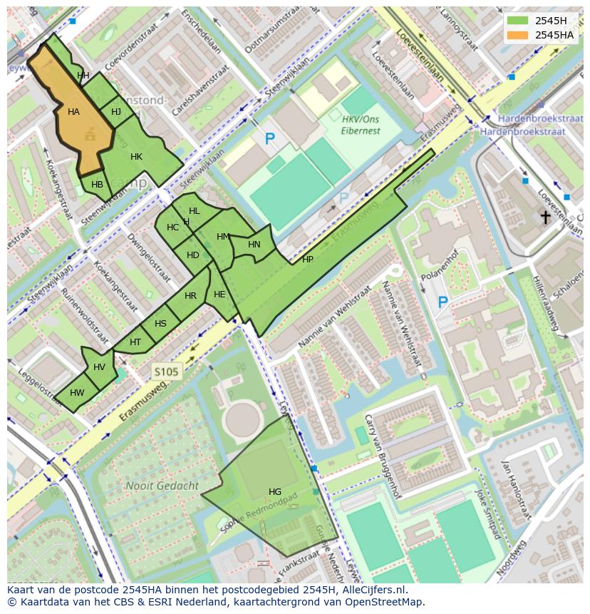 Afbeelding van het postcodegebied 2545 HA op de kaart.
