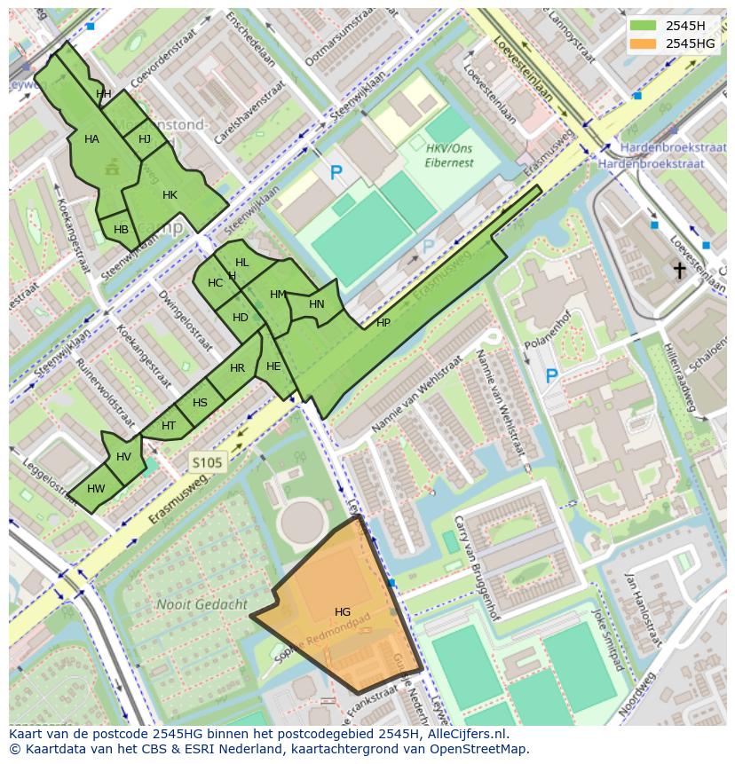 Afbeelding van het postcodegebied 2545 HG op de kaart.