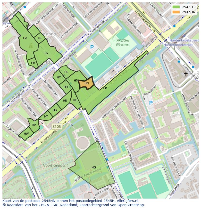 Afbeelding van het postcodegebied 2545 HN op de kaart.