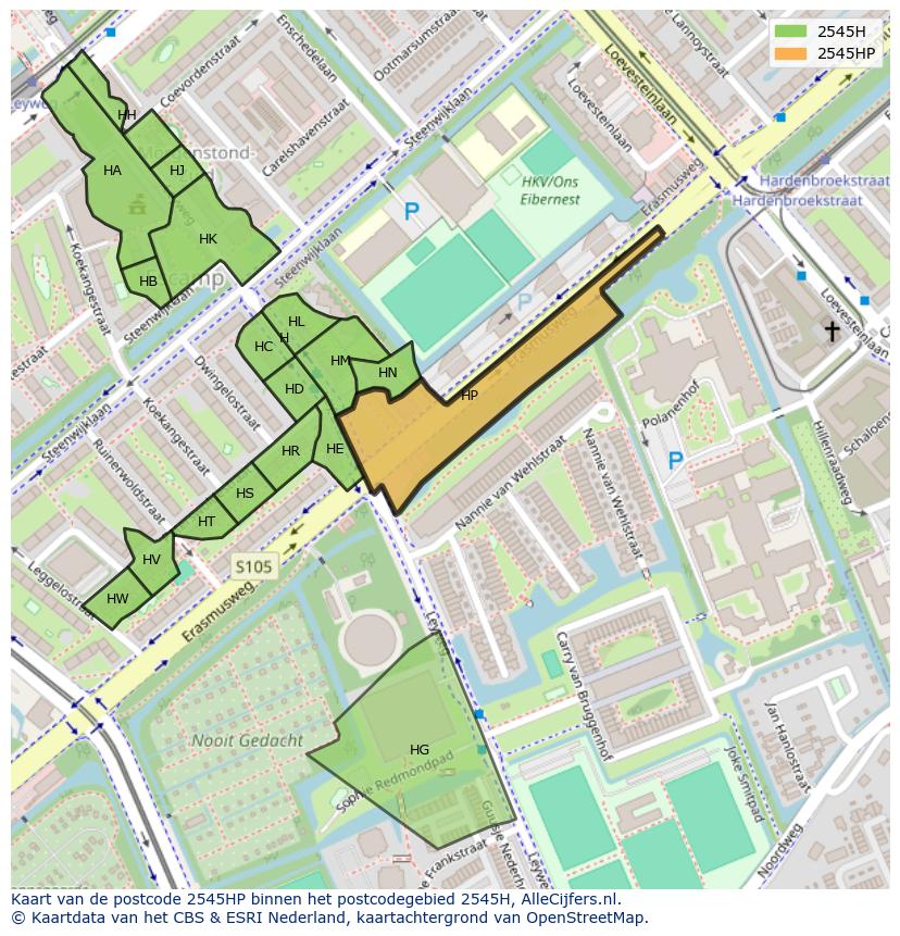 Afbeelding van het postcodegebied 2545 HP op de kaart.