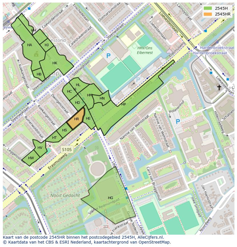 Afbeelding van het postcodegebied 2545 HR op de kaart.
