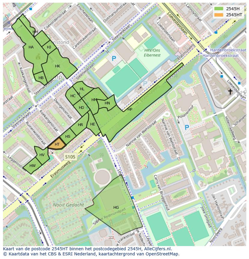 Afbeelding van het postcodegebied 2545 HT op de kaart.
