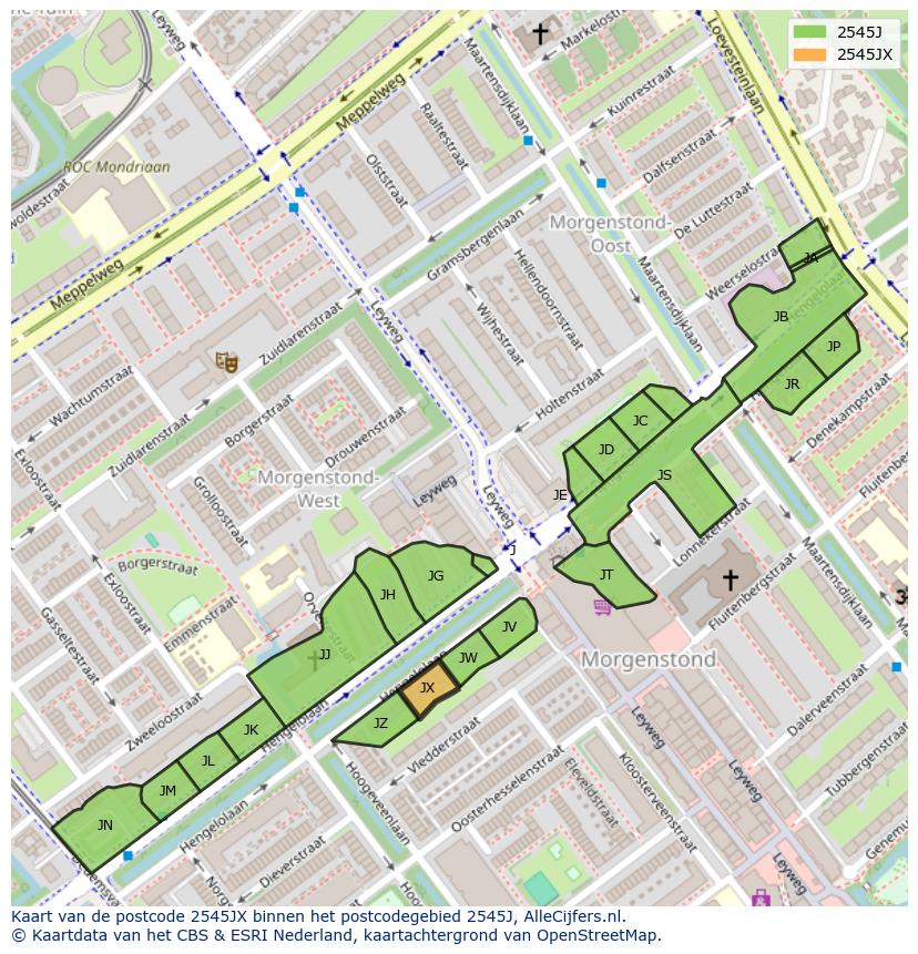 Afbeelding van het postcodegebied 2545 JX op de kaart.