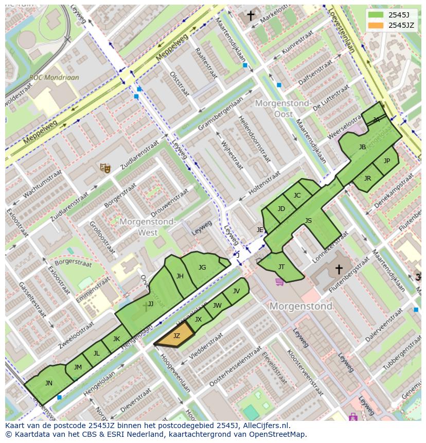 Afbeelding van het postcodegebied 2545 JZ op de kaart.