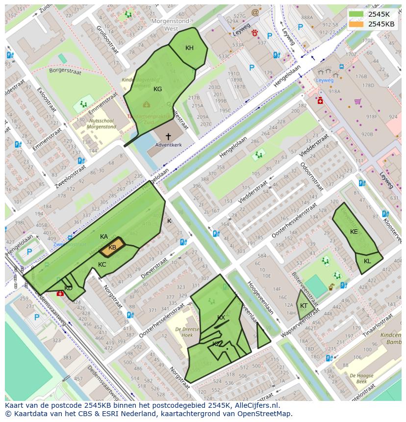 Afbeelding van het postcodegebied 2545 KB op de kaart.