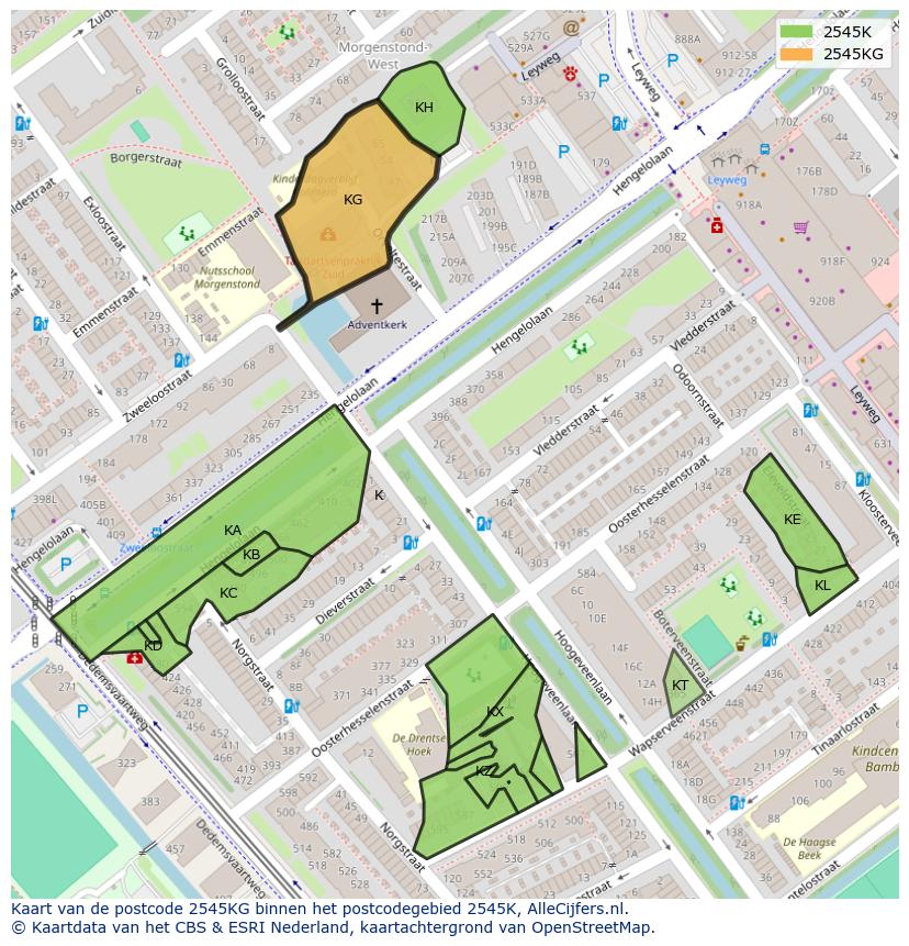 Afbeelding van het postcodegebied 2545 KG op de kaart.