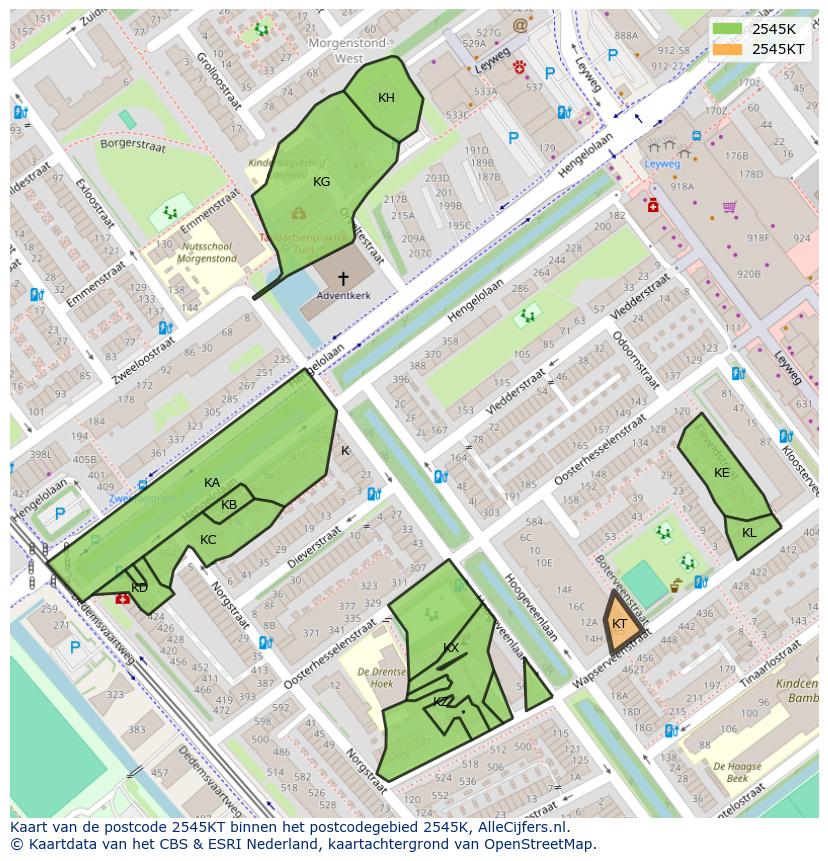Afbeelding van het postcodegebied 2545 KT op de kaart.