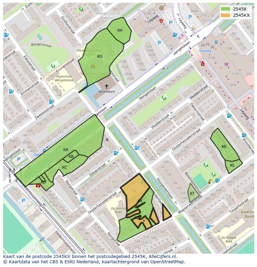 Afbeelding van het postcodegebied 2545 KX op de kaart.