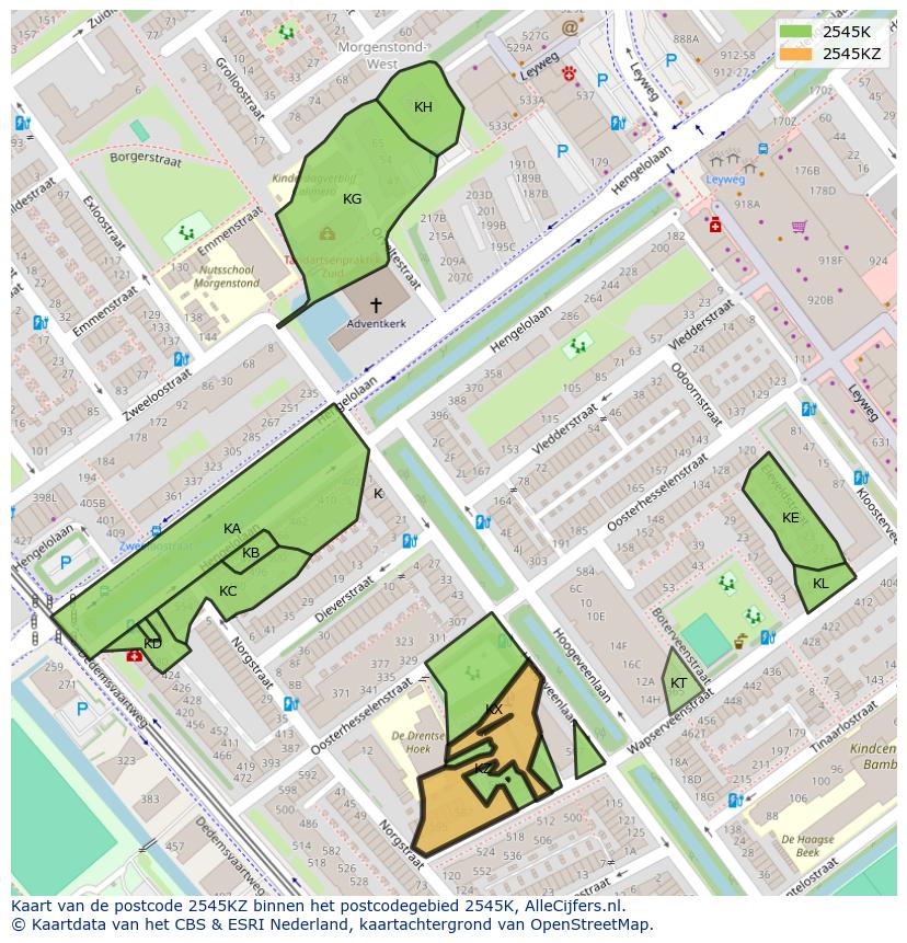 Afbeelding van het postcodegebied 2545 KZ op de kaart.