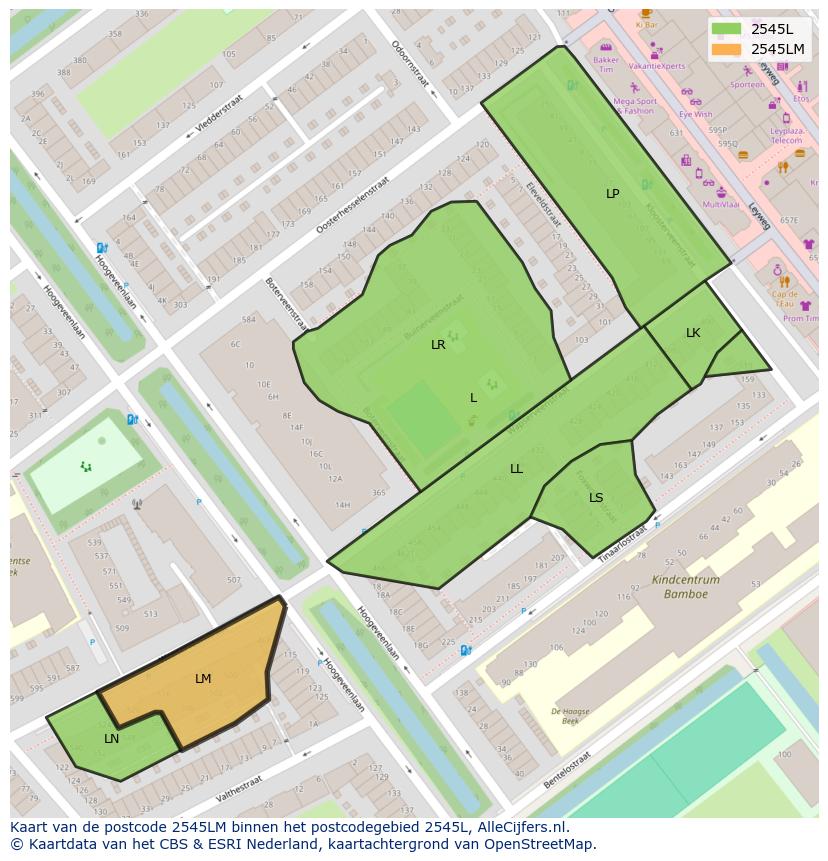 Afbeelding van het postcodegebied 2545 LM op de kaart.