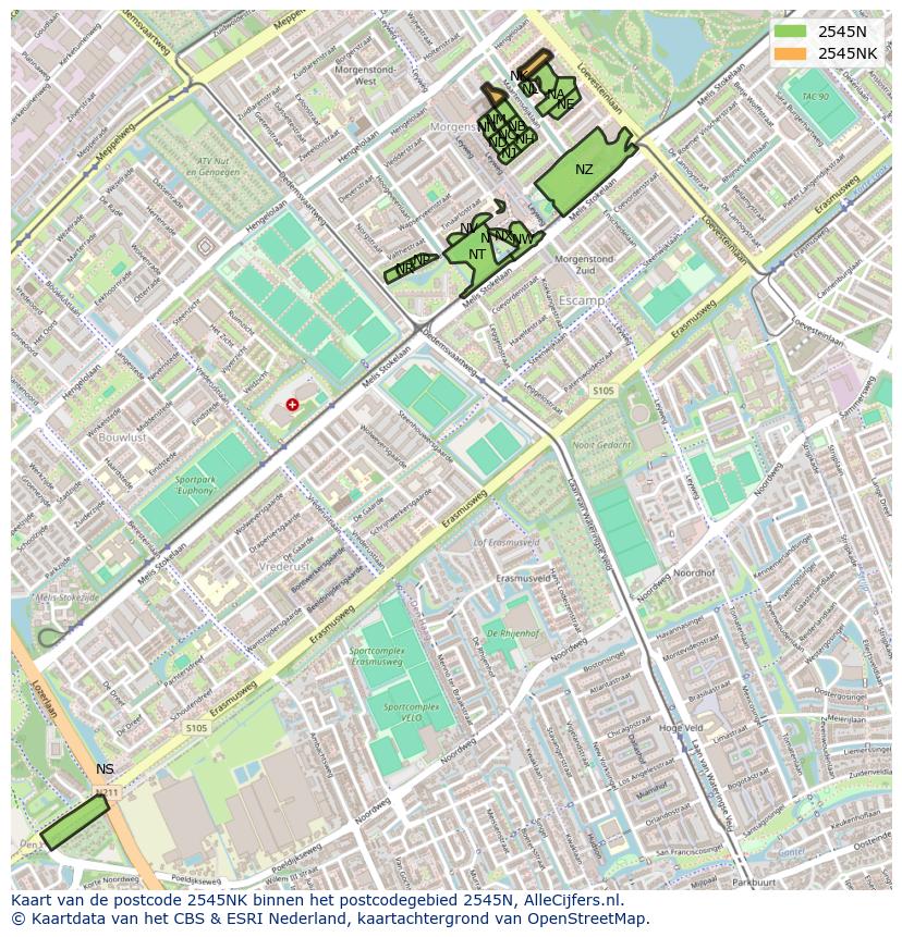 Afbeelding van het postcodegebied 2545 NK op de kaart.