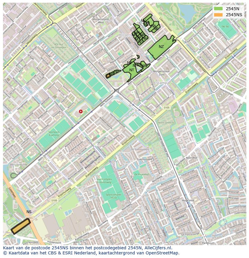 Afbeelding van het postcodegebied 2545 NS op de kaart.