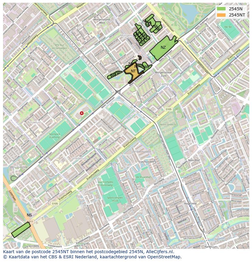 Afbeelding van het postcodegebied 2545 NT op de kaart.