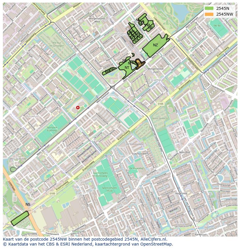 Afbeelding van het postcodegebied 2545 NW op de kaart.