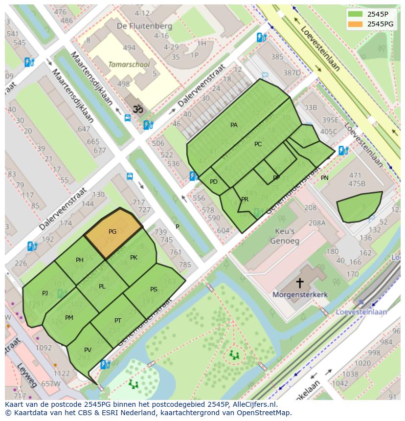 Afbeelding van het postcodegebied 2545 PG op de kaart.