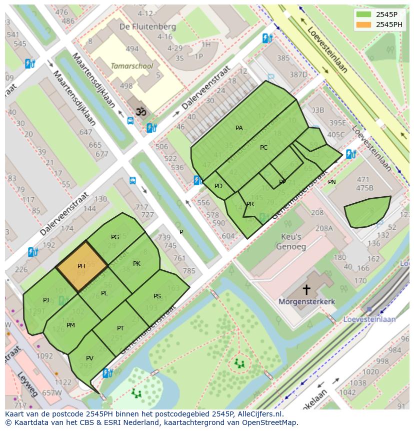Afbeelding van het postcodegebied 2545 PH op de kaart.