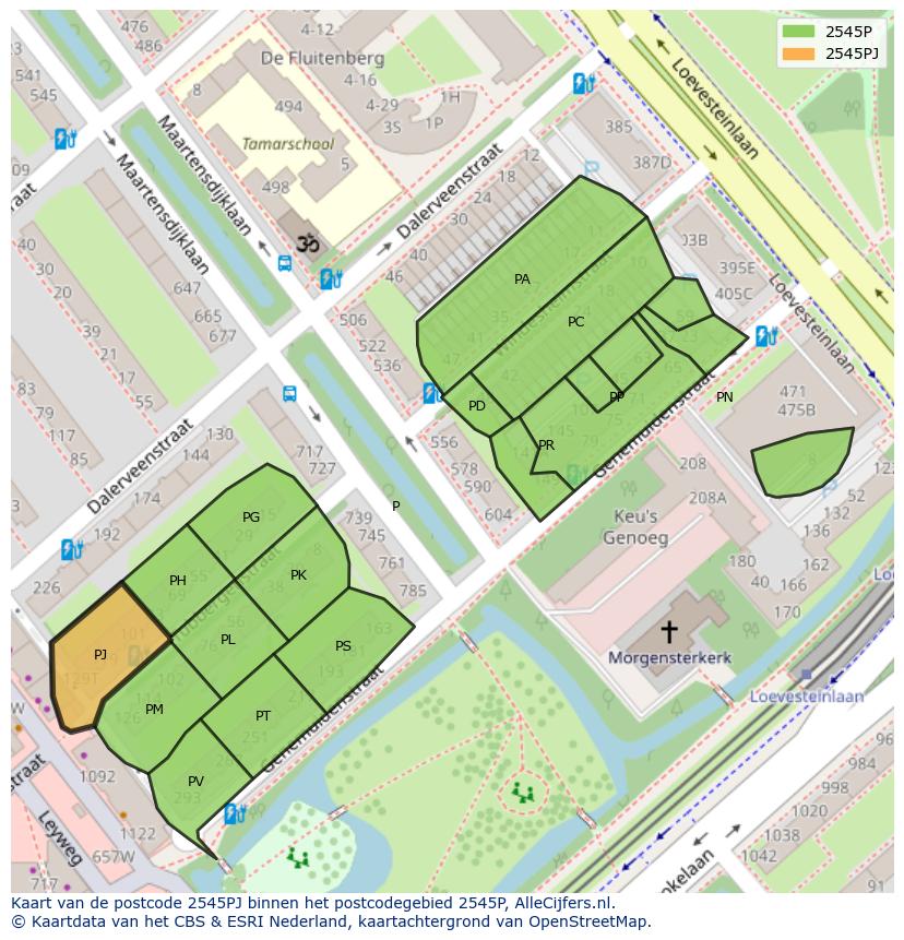 Afbeelding van het postcodegebied 2545 PJ op de kaart.