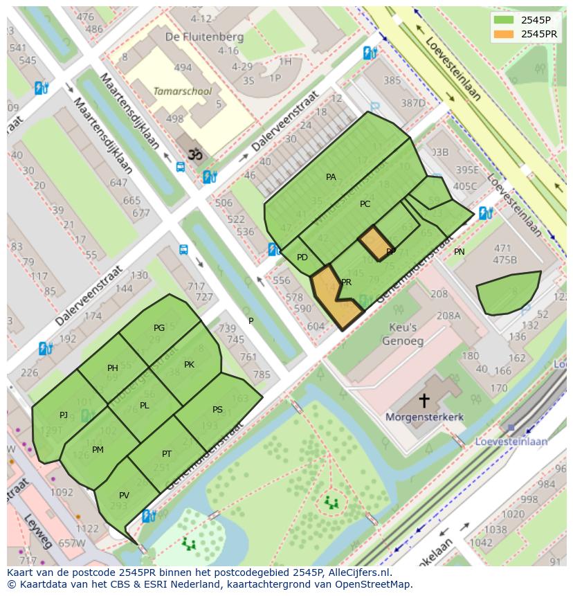 Afbeelding van het postcodegebied 2545 PR op de kaart.