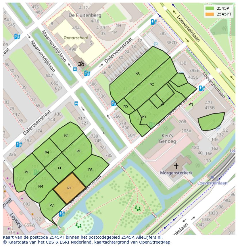 Afbeelding van het postcodegebied 2545 PT op de kaart.