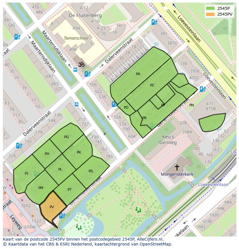 Afbeelding van het postcodegebied 2545 PV op de kaart.