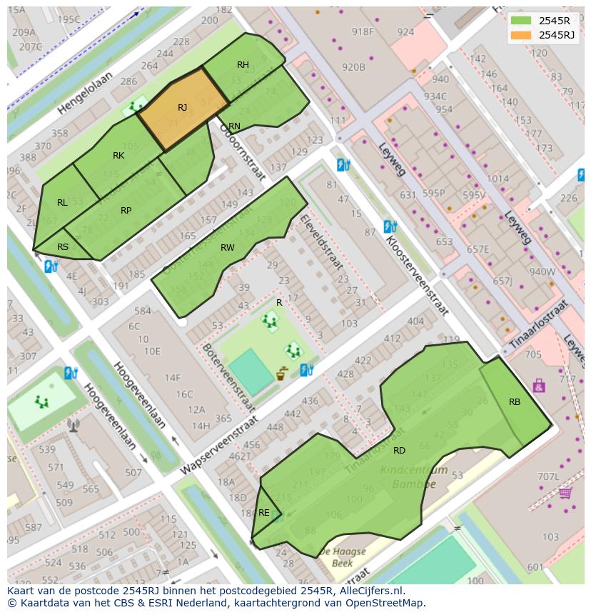 Afbeelding van het postcodegebied 2545 RJ op de kaart.