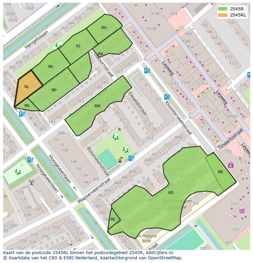 Afbeelding van het postcodegebied 2545 RL op de kaart.