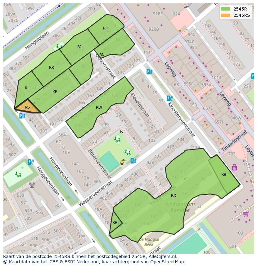Afbeelding van het postcodegebied 2545 RS op de kaart.