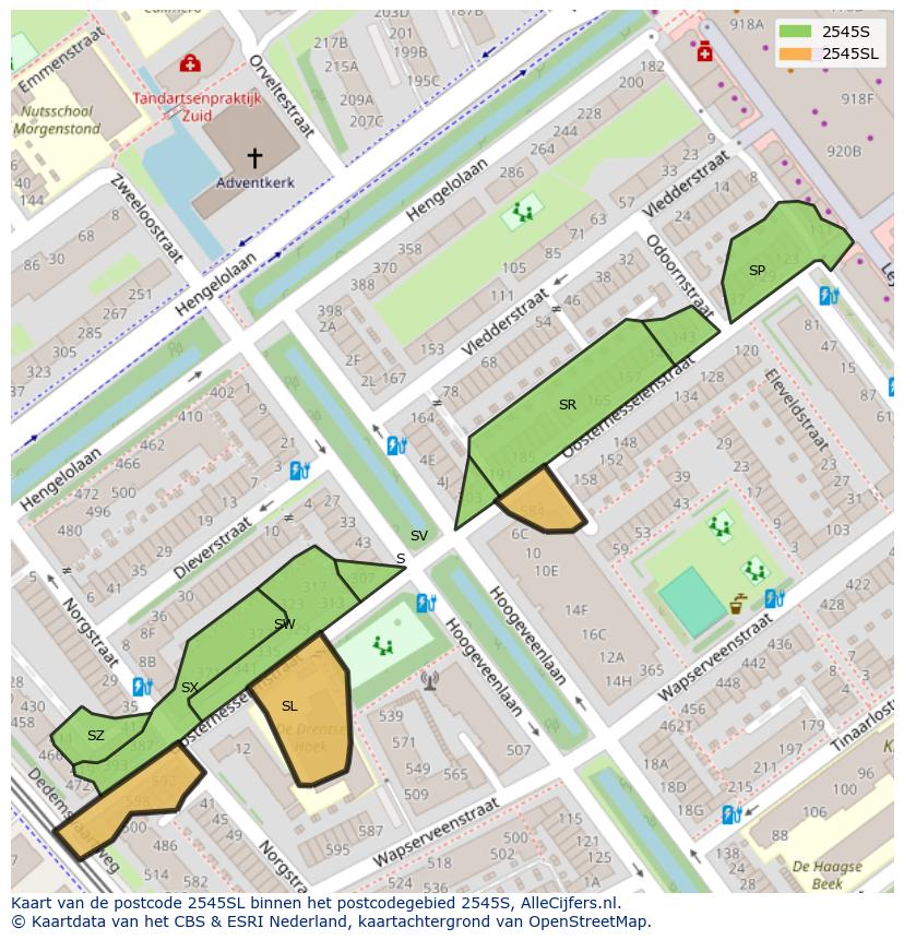 Afbeelding van het postcodegebied 2545 SL op de kaart.