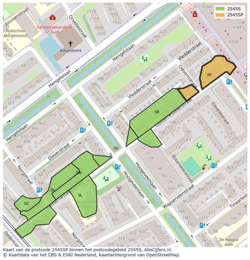 Afbeelding van het postcodegebied 2545 SP op de kaart.