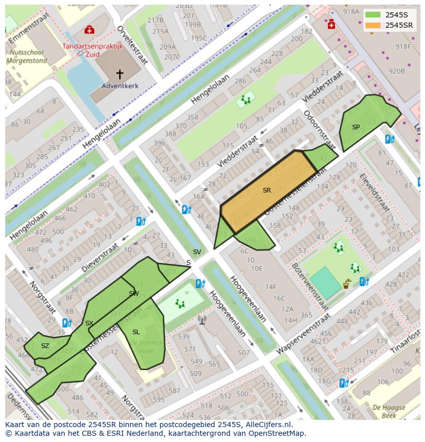 Afbeelding van het postcodegebied 2545 SR op de kaart.