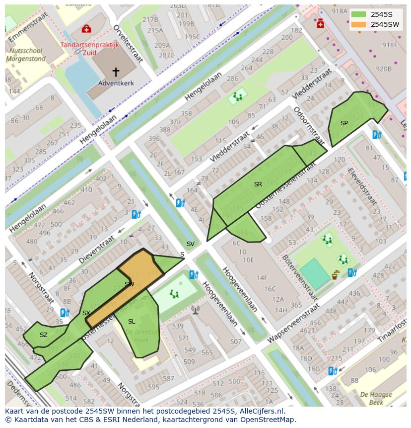 Afbeelding van het postcodegebied 2545 SW op de kaart.