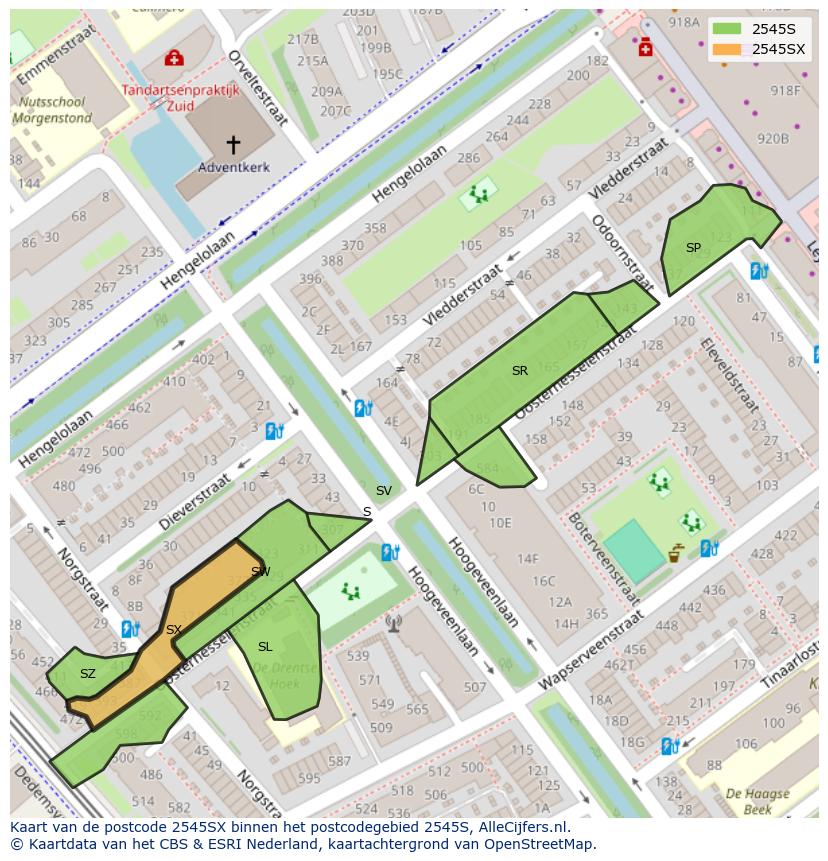 Afbeelding van het postcodegebied 2545 SX op de kaart.