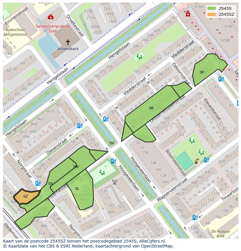 Afbeelding van het postcodegebied 2545 SZ op de kaart.