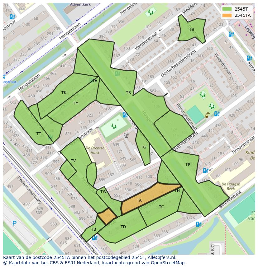 Afbeelding van het postcodegebied 2545 TA op de kaart.