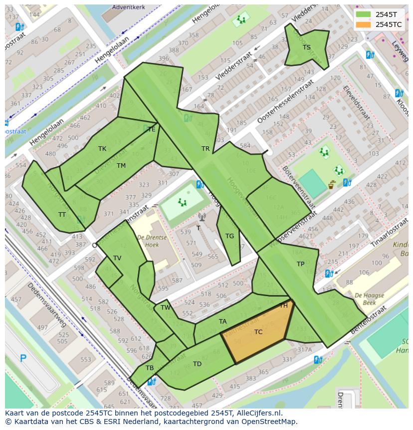Afbeelding van het postcodegebied 2545 TC op de kaart.