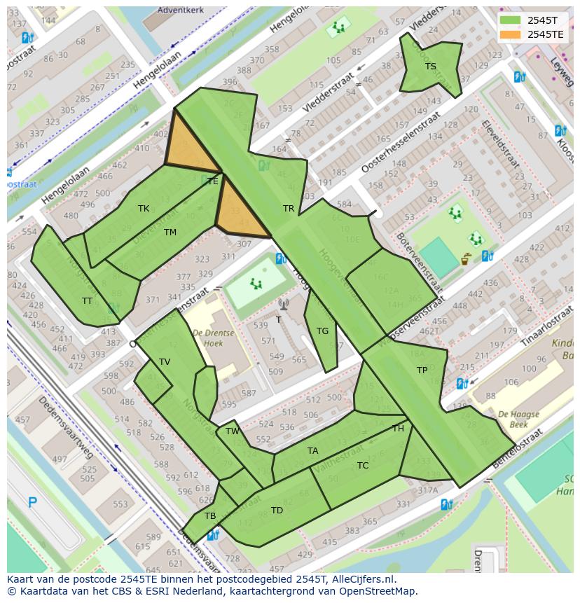 Afbeelding van het postcodegebied 2545 TE op de kaart.