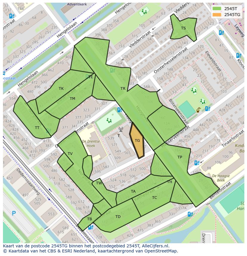 Afbeelding van het postcodegebied 2545 TG op de kaart.