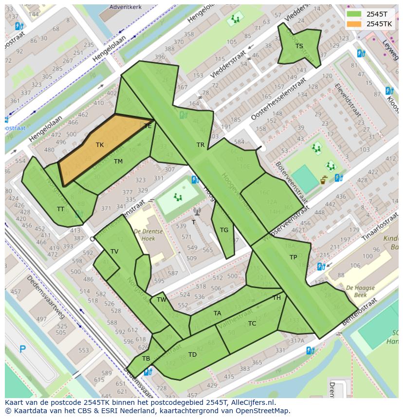 Afbeelding van het postcodegebied 2545 TK op de kaart.