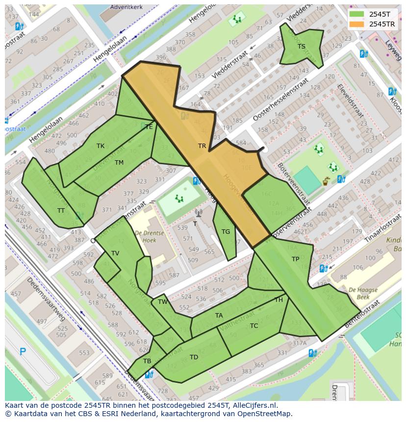 Afbeelding van het postcodegebied 2545 TR op de kaart.