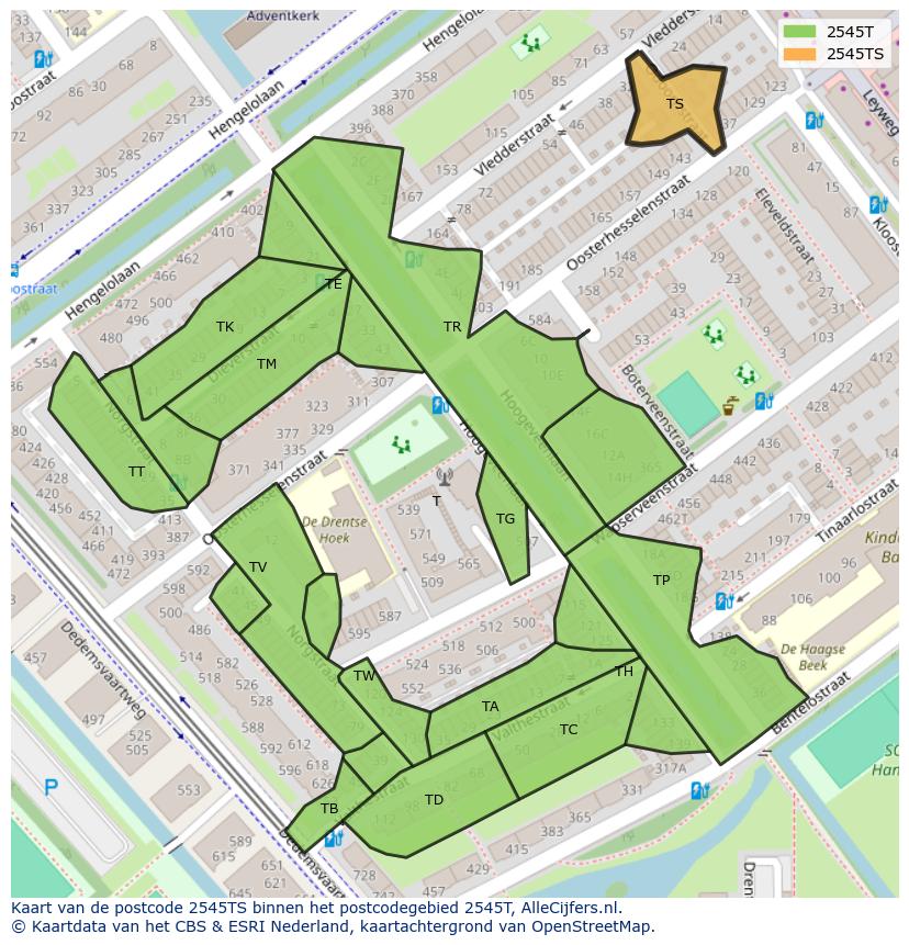 Afbeelding van het postcodegebied 2545 TS op de kaart.