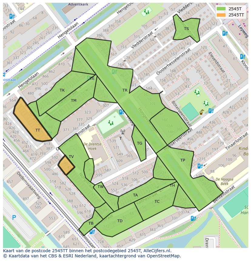 Afbeelding van het postcodegebied 2545 TT op de kaart.