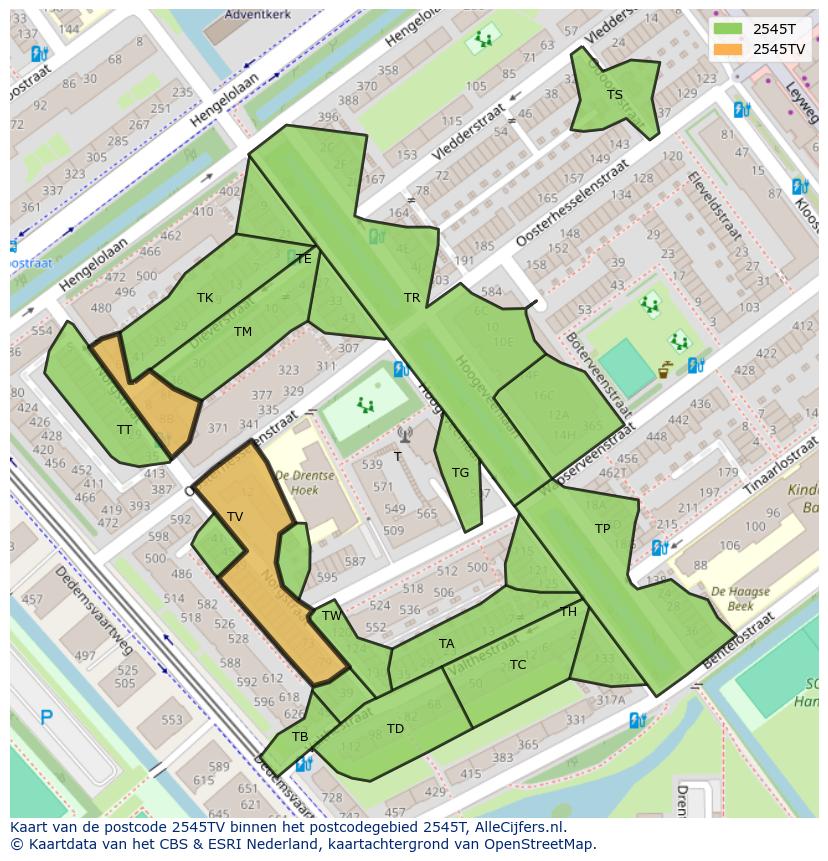 Afbeelding van het postcodegebied 2545 TV op de kaart.