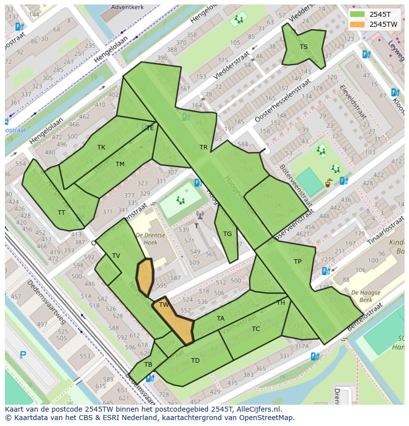 Afbeelding van het postcodegebied 2545 TW op de kaart.