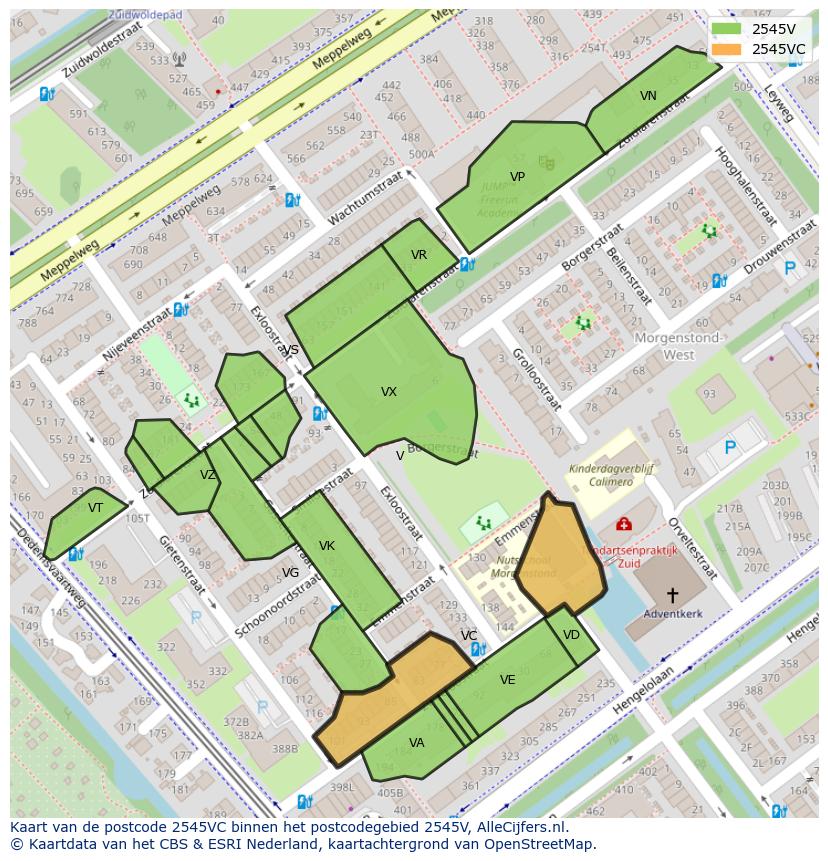 Afbeelding van het postcodegebied 2545 VC op de kaart.