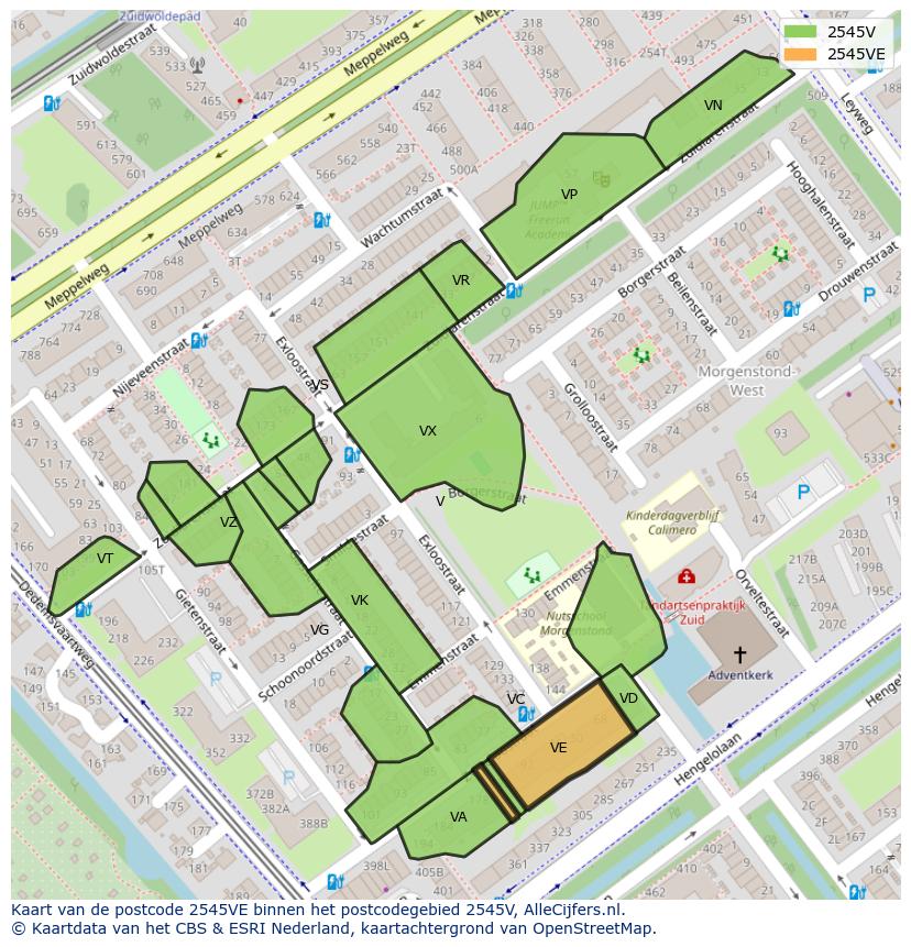 Afbeelding van het postcodegebied 2545 VE op de kaart.