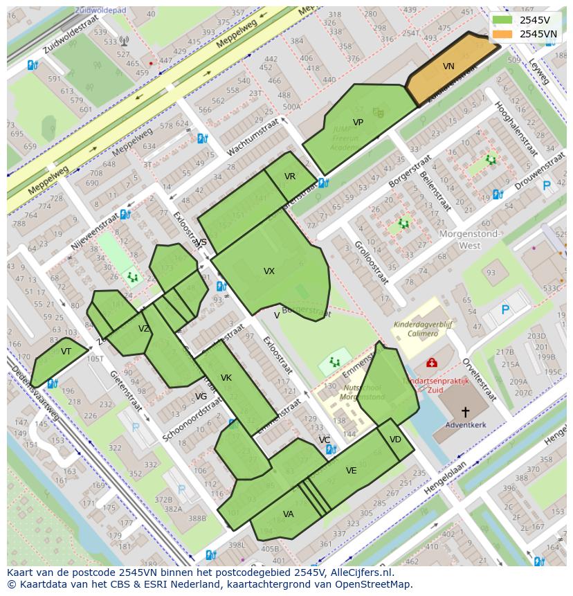 Afbeelding van het postcodegebied 2545 VN op de kaart.