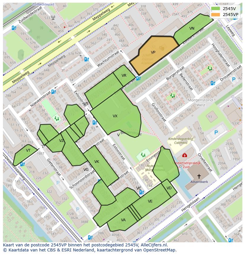Afbeelding van het postcodegebied 2545 VP op de kaart.