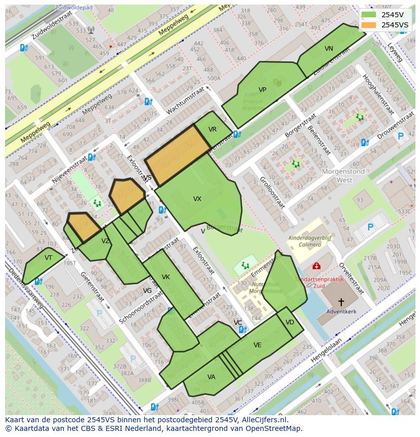 Afbeelding van het postcodegebied 2545 VS op de kaart.